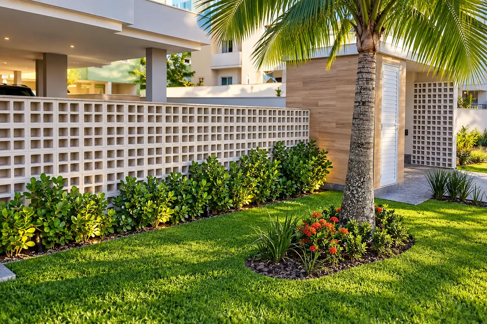 Muro de elementos vazados de concreto em frente a uma casa com jardim e palmeira