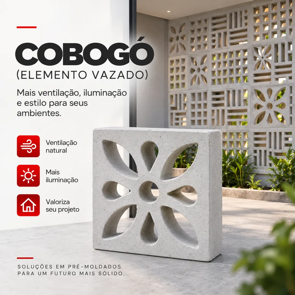Cobogó (elemento vazado) de concreto com desenho de flor, em frente a um painel de cobogós