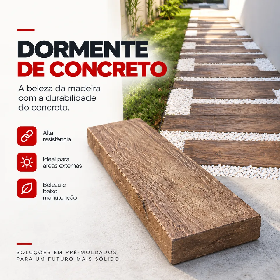 Dormente de concreto com textura de madeira, aplicado como caminho em jardim com pedras brancas