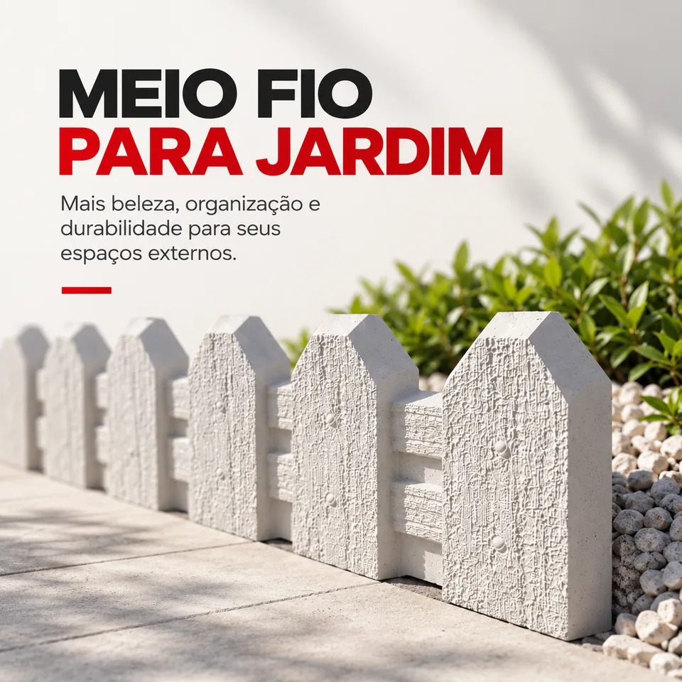 Meio-fio de concreto para jardim, com topo em formato de estaca, delimitando um canteiro