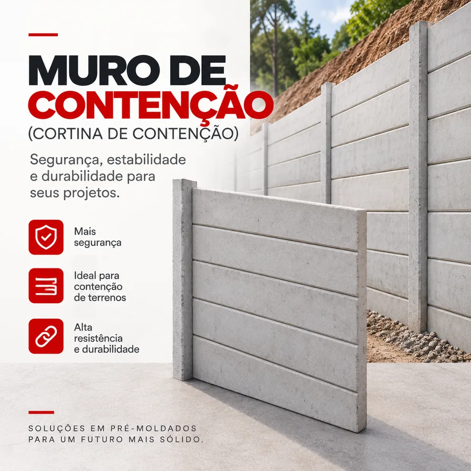 Muro de contenção (cortina de contenção) de concreto com placas horizontais e pilares, contendo um terreno