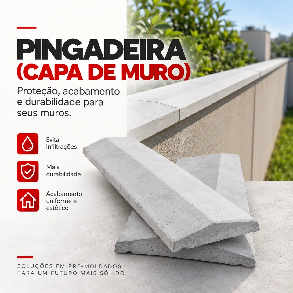 Pingadeira (capa de muro) de concreto armado, com peças apoiadas em frente a um muro com capa