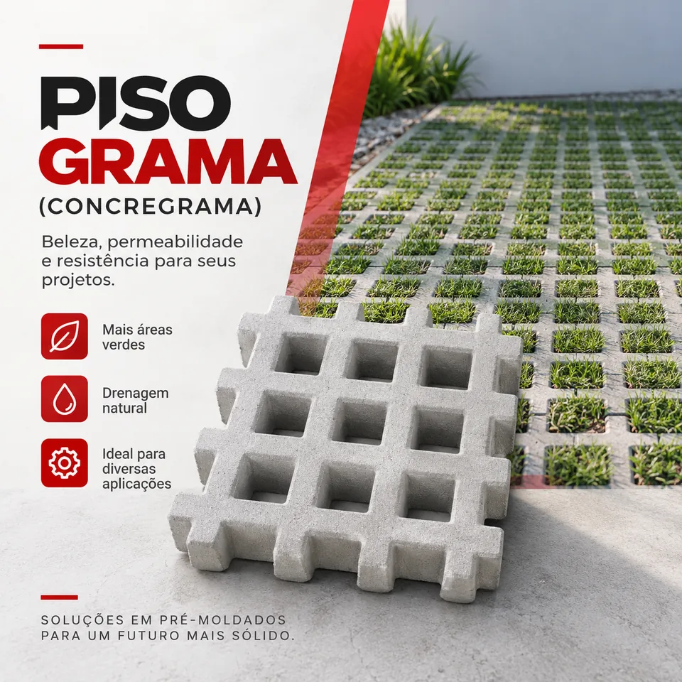 Piso grama (concregrama): peça de concreto vazada sobre piso com grama crescendo entre as aberturas